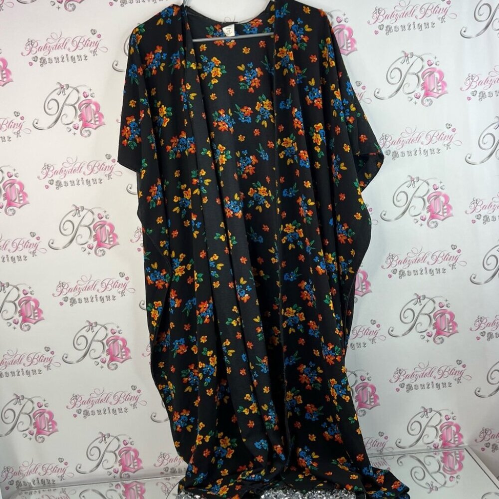 Cover Me cardigan long style flowers Floral Kimono orange blue yellow Black